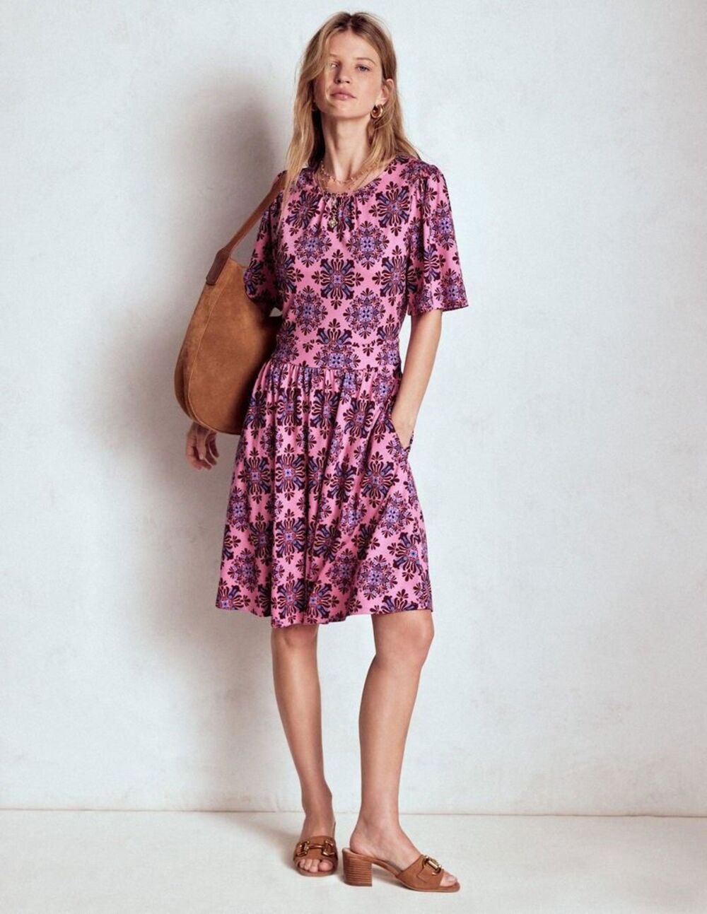 Boden Louisa Short Jersey Dress Pink Floral Print Cotton Modal US 10